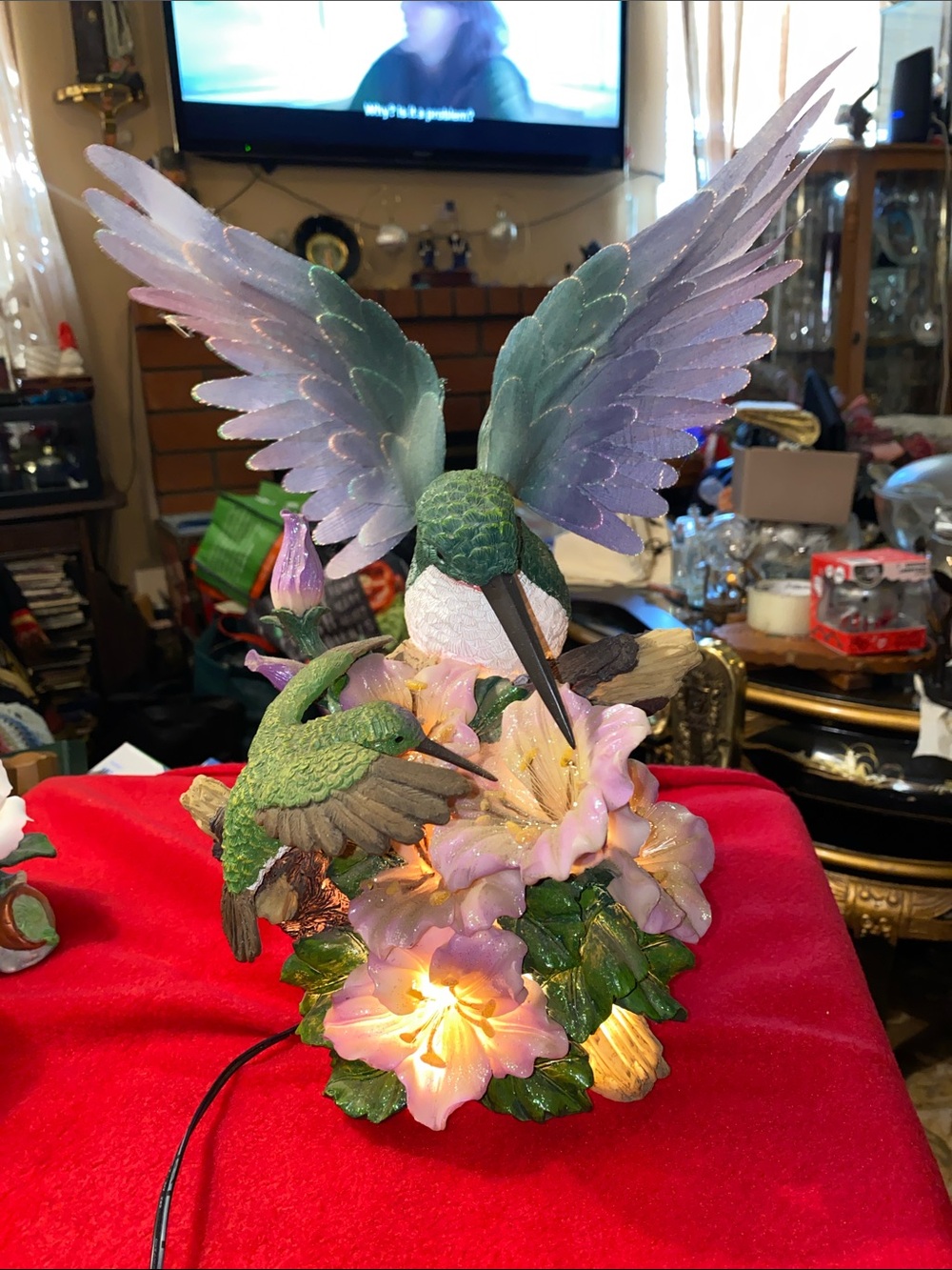 Vintage Green and Pink Hummingbird Floral lamp with Hummingbird movable wings